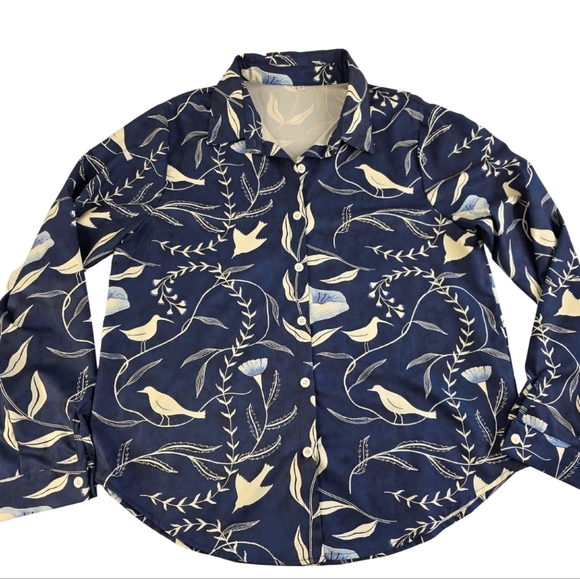 Amazon Bird Print Floral Blue Size L Button-Up Top 3249-G - Picture 3 of 12